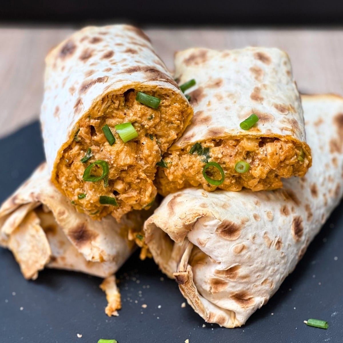 Close-up photo of juicy high-protein burritos