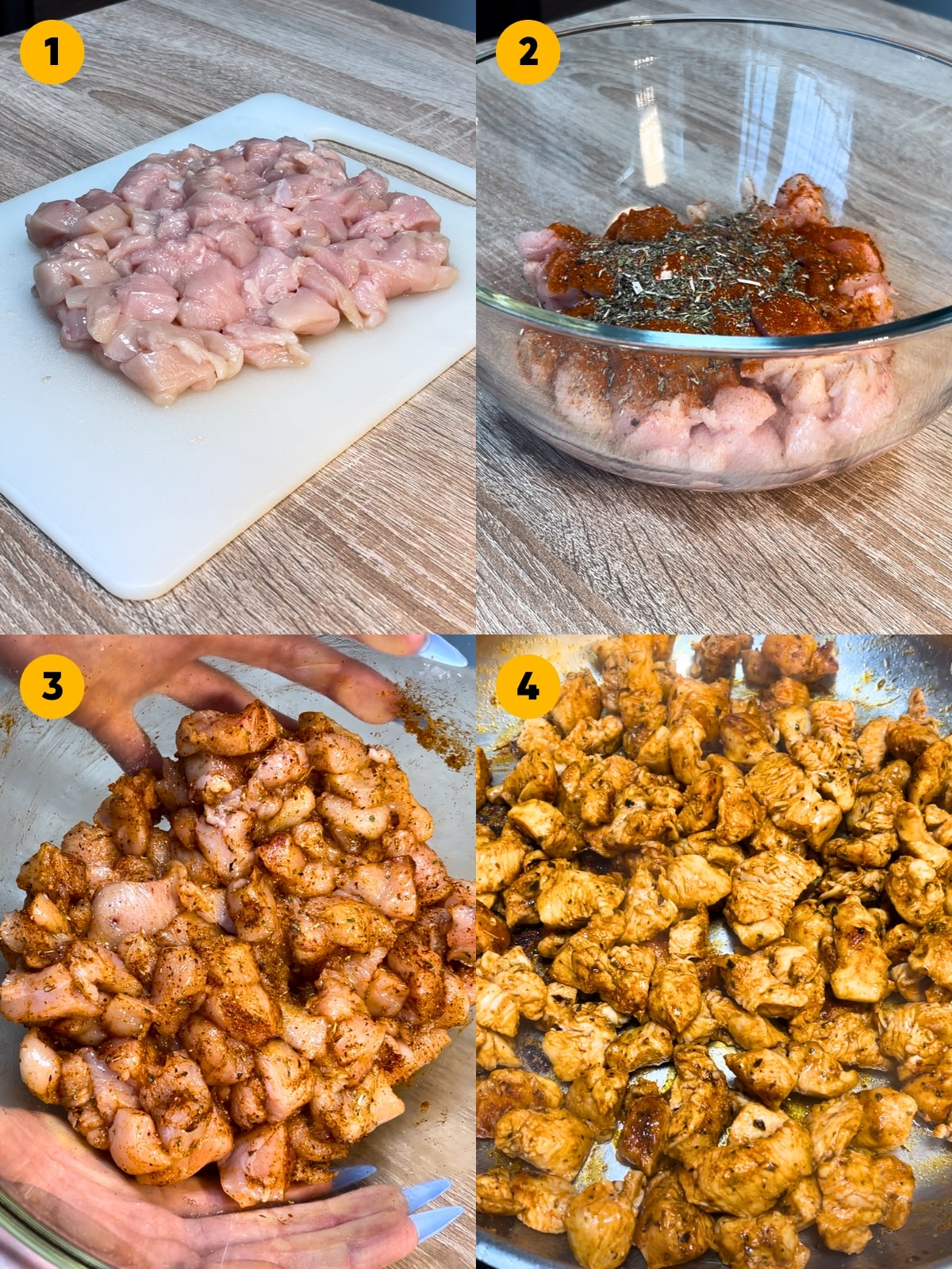 Cutting, seasoning and searing the chicken breast.