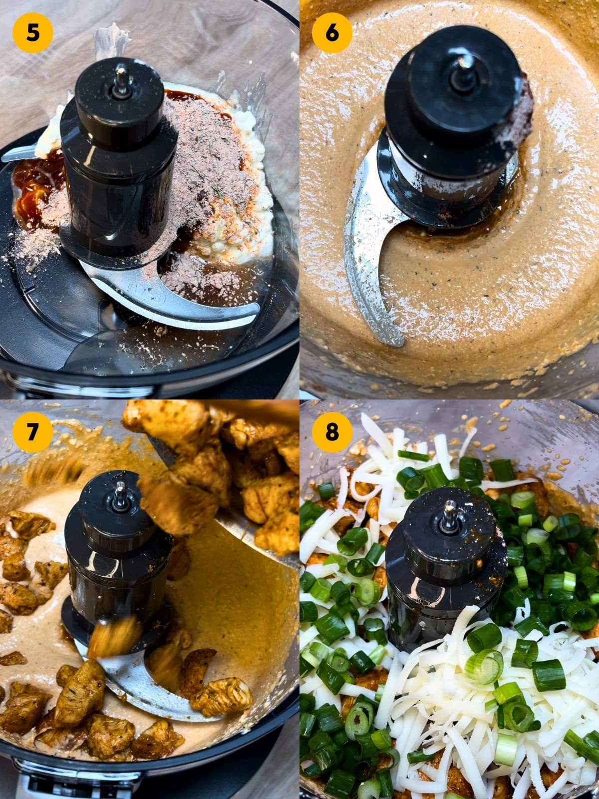 Preparing the creamy sauce and mixing it with chicken, cheese and spring onions.