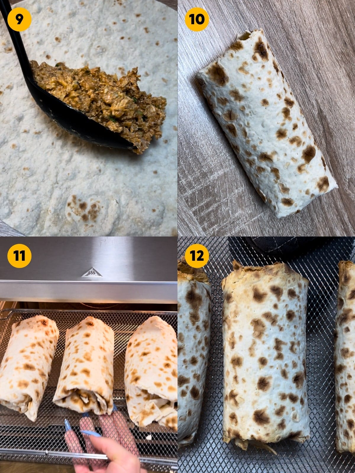 Spooning in the chicken mixture onto the tortillas, rolling the wraps and baking the burritos.