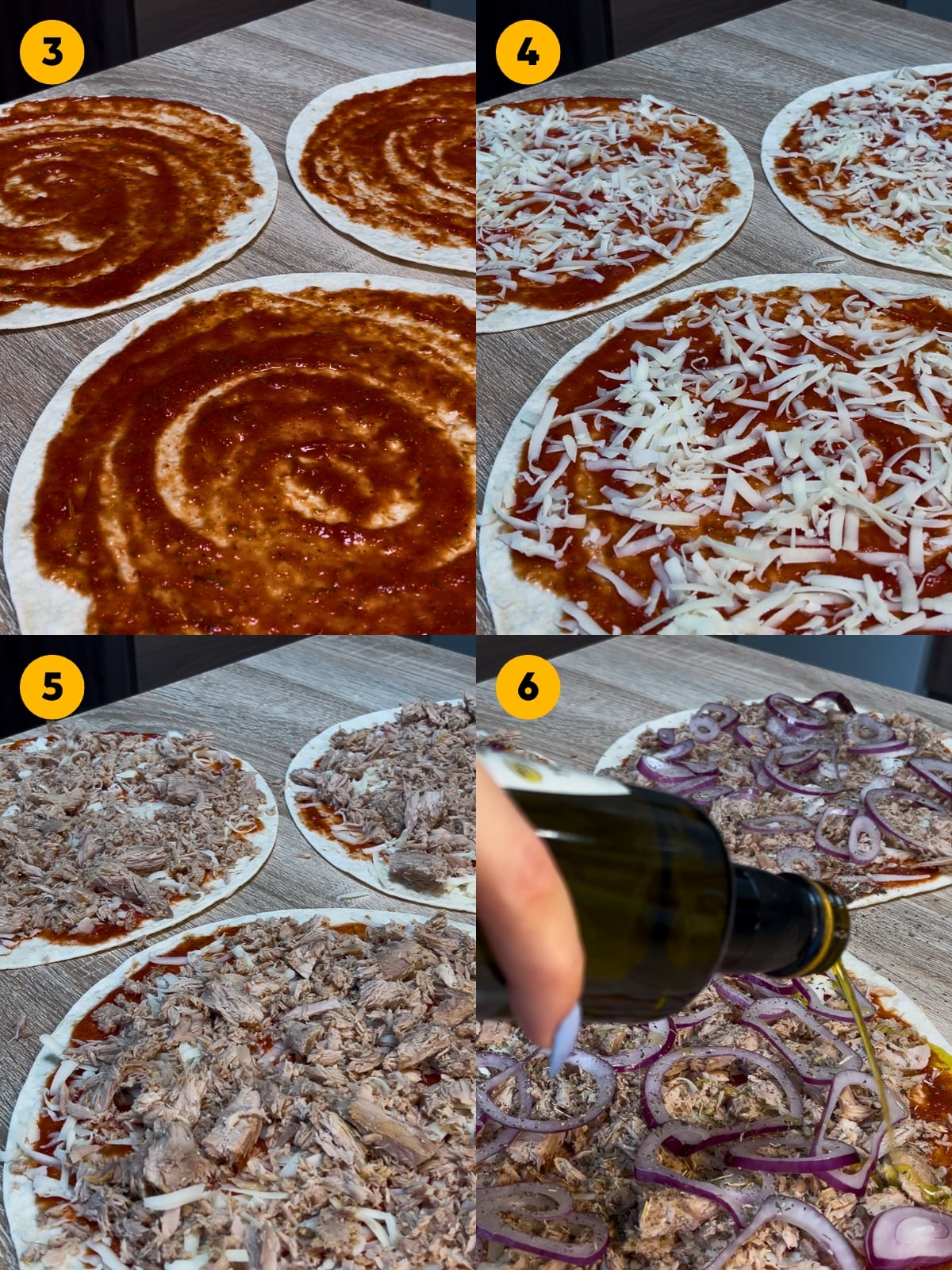 Spreading the sauce over tortillas, sprinkling the cheese, tuna and onions on top and then drizzling olive oil