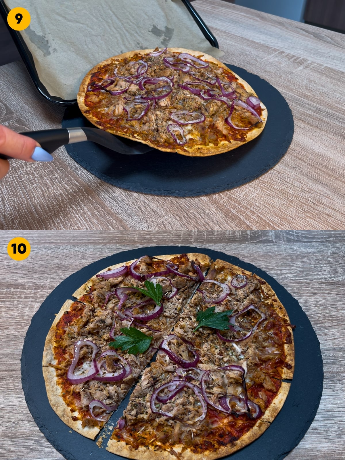 Cooling the high protein pizza off and serving it