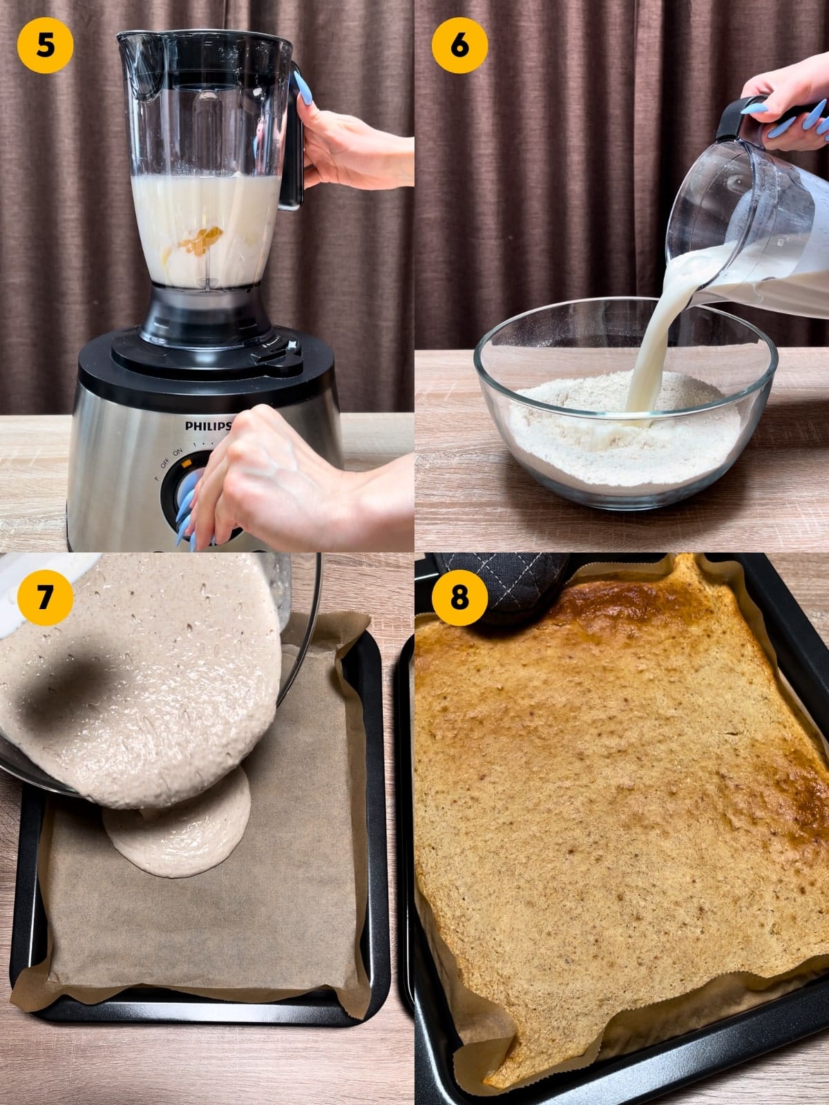 Mixing the wet ingredients, preparing the batter, then spreading the batter and baking on a sheet pan