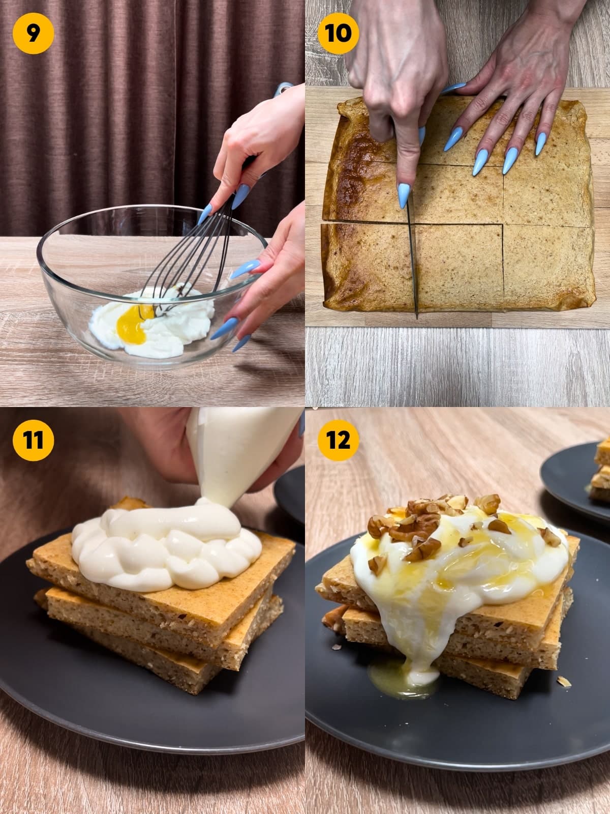 Preparing the cream, cutting the pancakes, then adding the cream, honey and walnuts