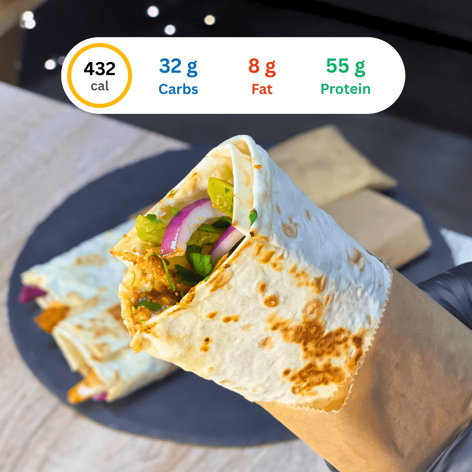 High-Protein Chicken Shawarma displayed with calories and macronutrients