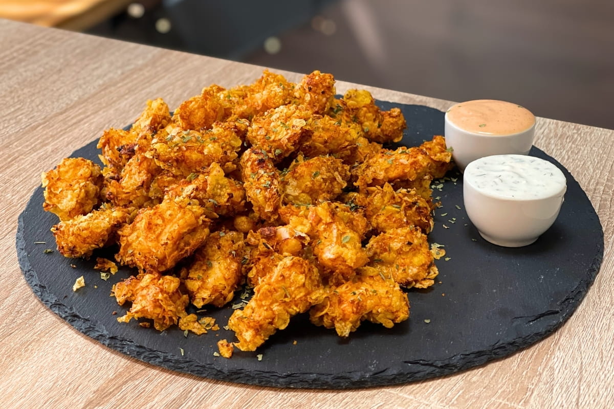 High-Protein Chicken Popcorn with two macro-friendly sauces (lunch idea)