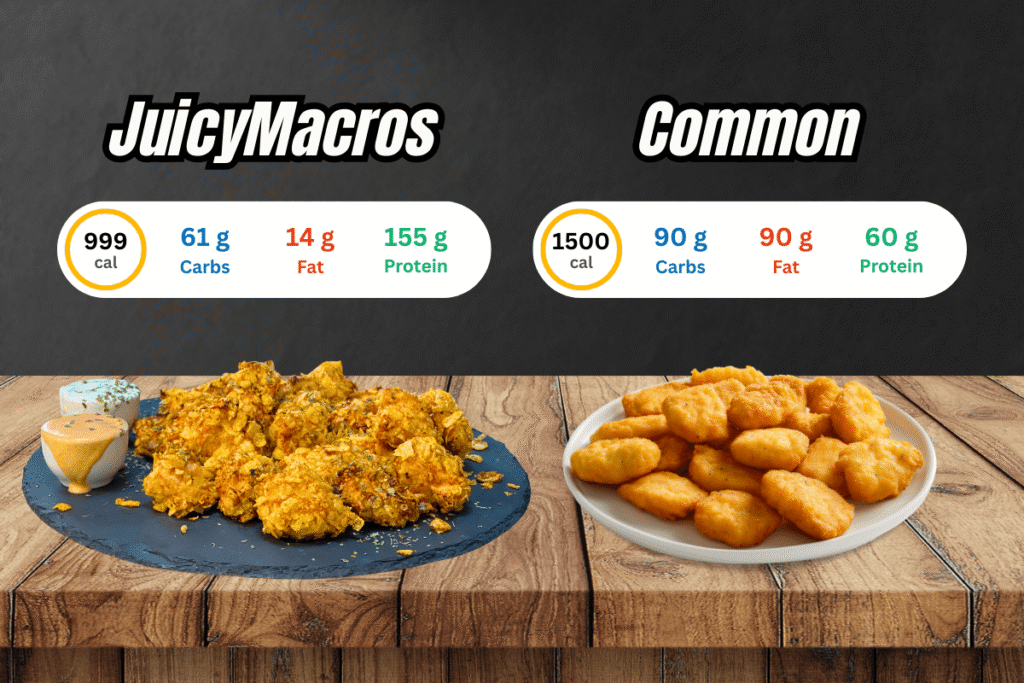 Macronutrient comparison of a macro-friendly recipe for High-Protein Chicken Nuggets and common chicken nuggets