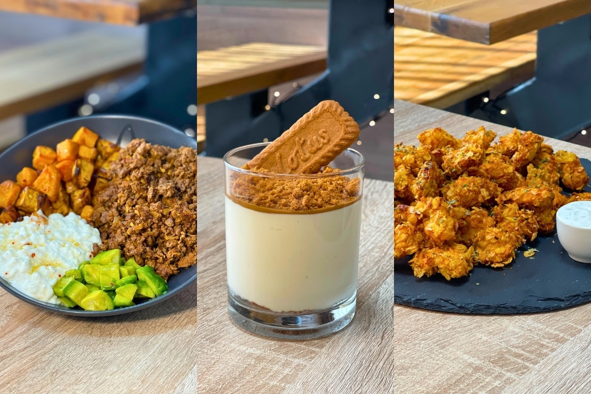 Selection of high-protein meals like Hot Honey Cottage Cheese Beef Bowl, No-Bake Biscoff Cheesecake and Crispy Chicken Nuggets