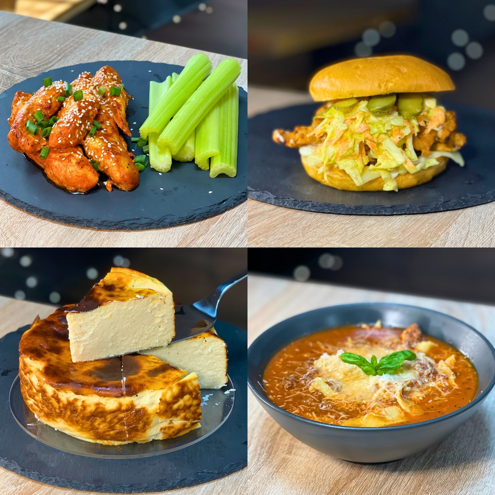 Selection of macro-friendly meals like Buffalo Chicken Tenders, Crispy Chicken Burger with Coleslaw, Basque Cheesecake and Lasagna Soup