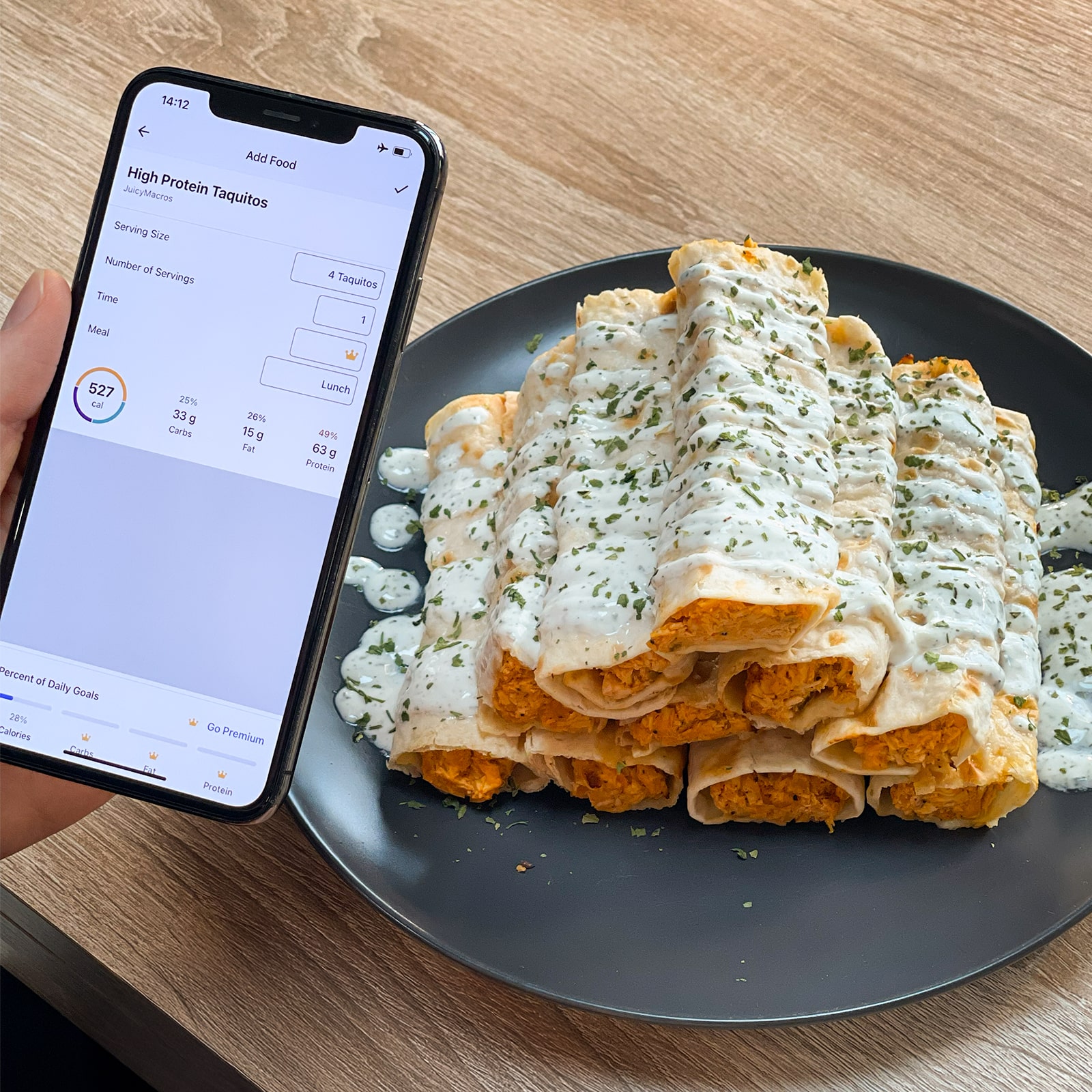 Tracking macros of High-Protein Taquitos with a tracking app on a smartphone