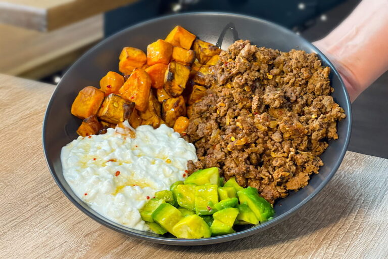 Hot Honey Cottage Cheese Beef Bowl with avocado and crispy sweet potato cubes
