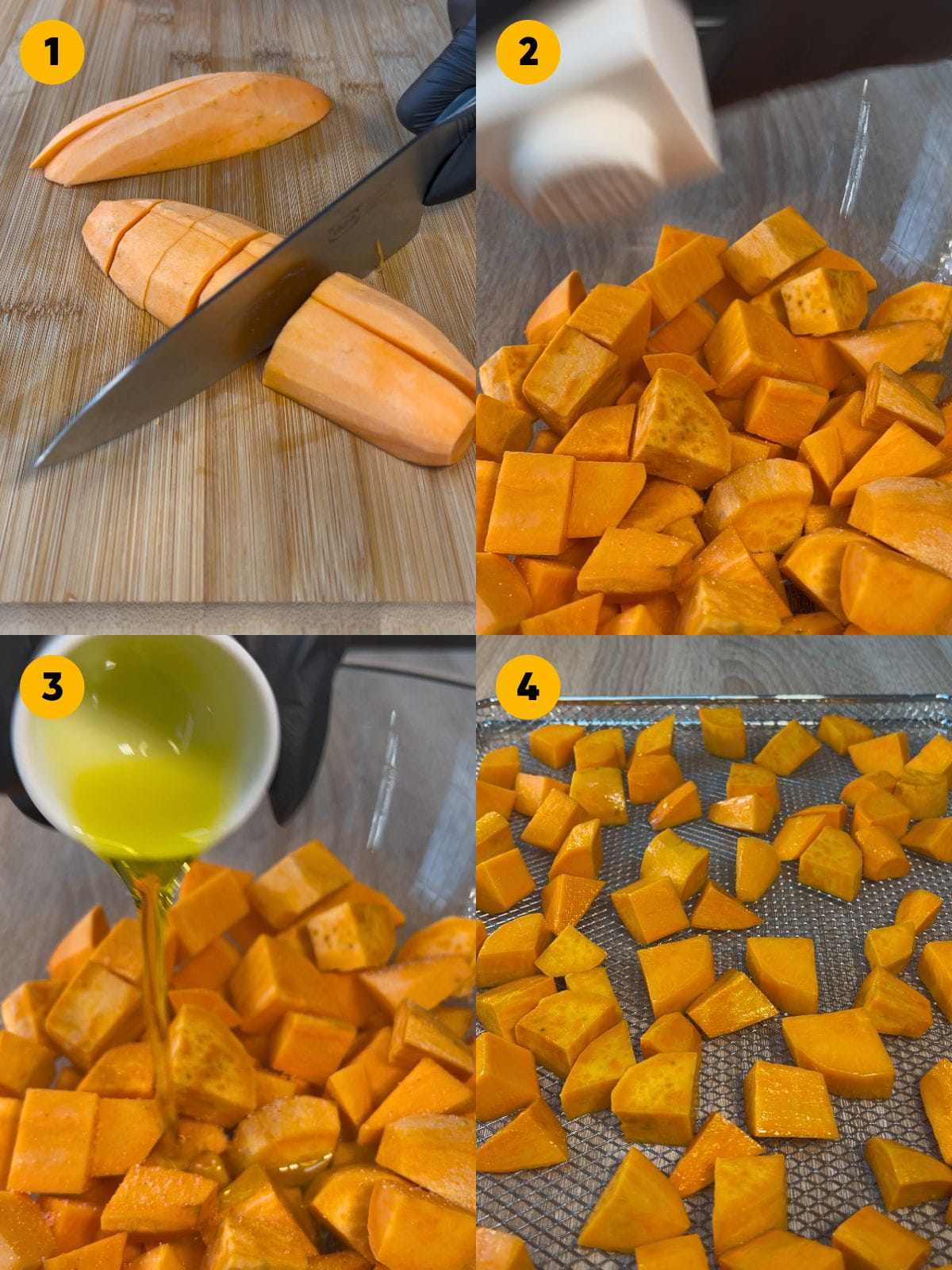 Dicing the sweet potatoes and baking them with olive oil and salt
