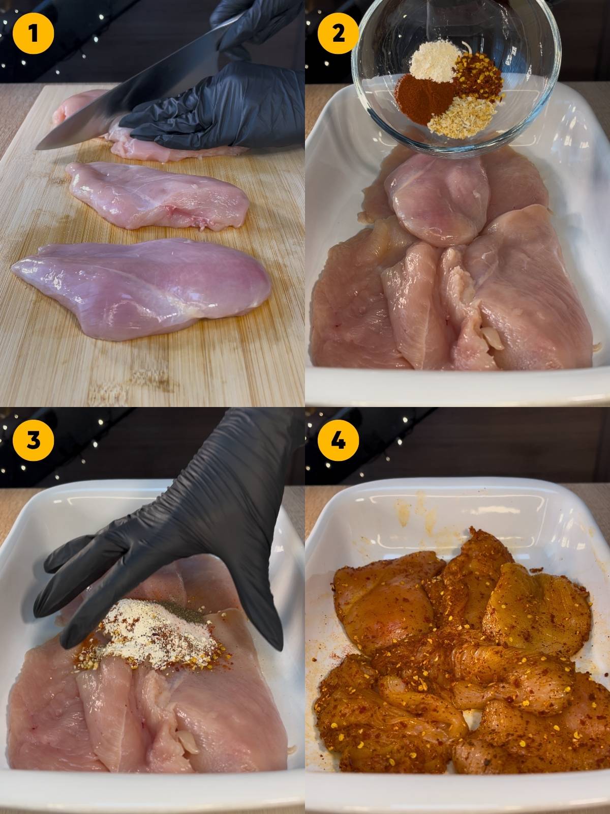 Cutting the chicken breast and seasoning it with spices.