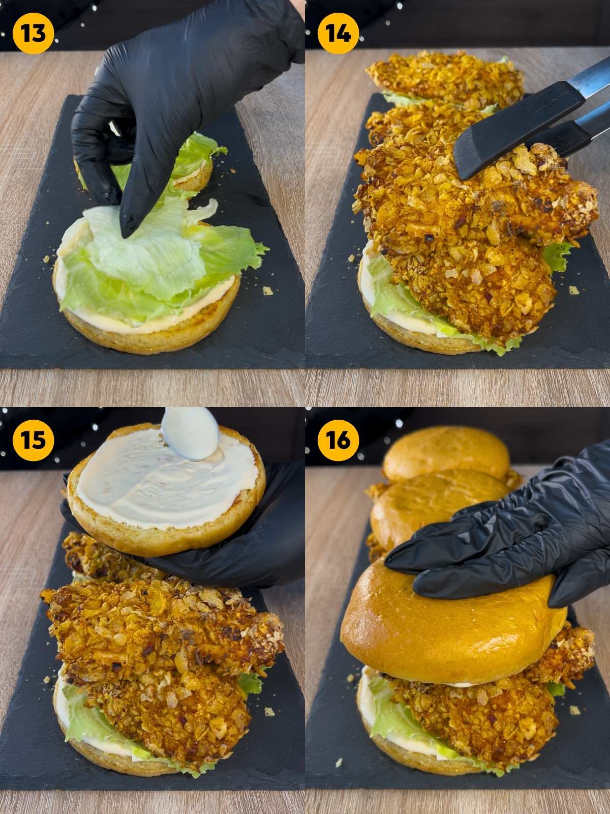 Assembling the sandwich with lettuce, crispy chicken, and sauce on a brioche bun.