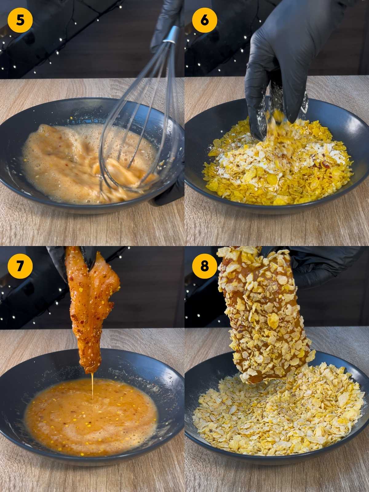 Mixing the egg white binder and cornflake coating, then dipping the chicken and pressing it into the crumbs.