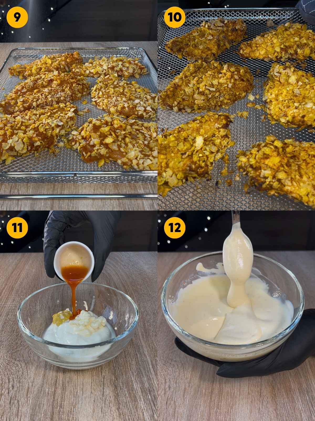 Spraying the coated chicken with oil and baking until crispy, then mixing skyr with spices for the sauce.