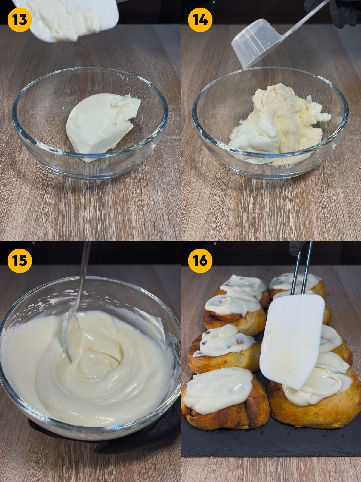 Mixing the protein cream cheese frosting and spreading it onto the baked cinnamon rolls.