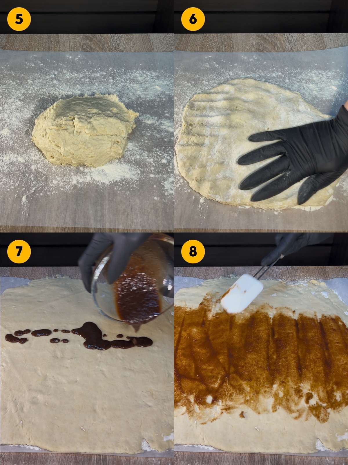 Pressing the dough flat on a floured baking paper and spreading the cinnamon filling onto the dough.