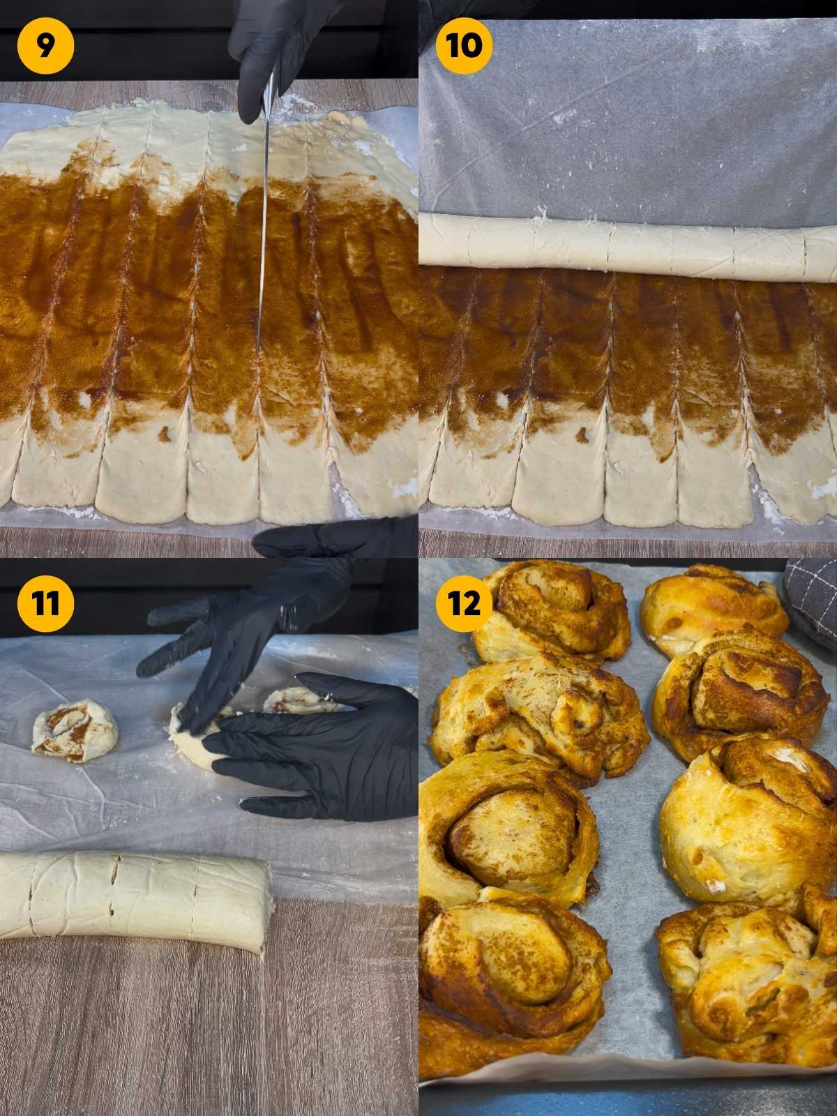 Cutting the dough into 8 strips, rolling it into a log, forming the cinnamon rolls and baking them.