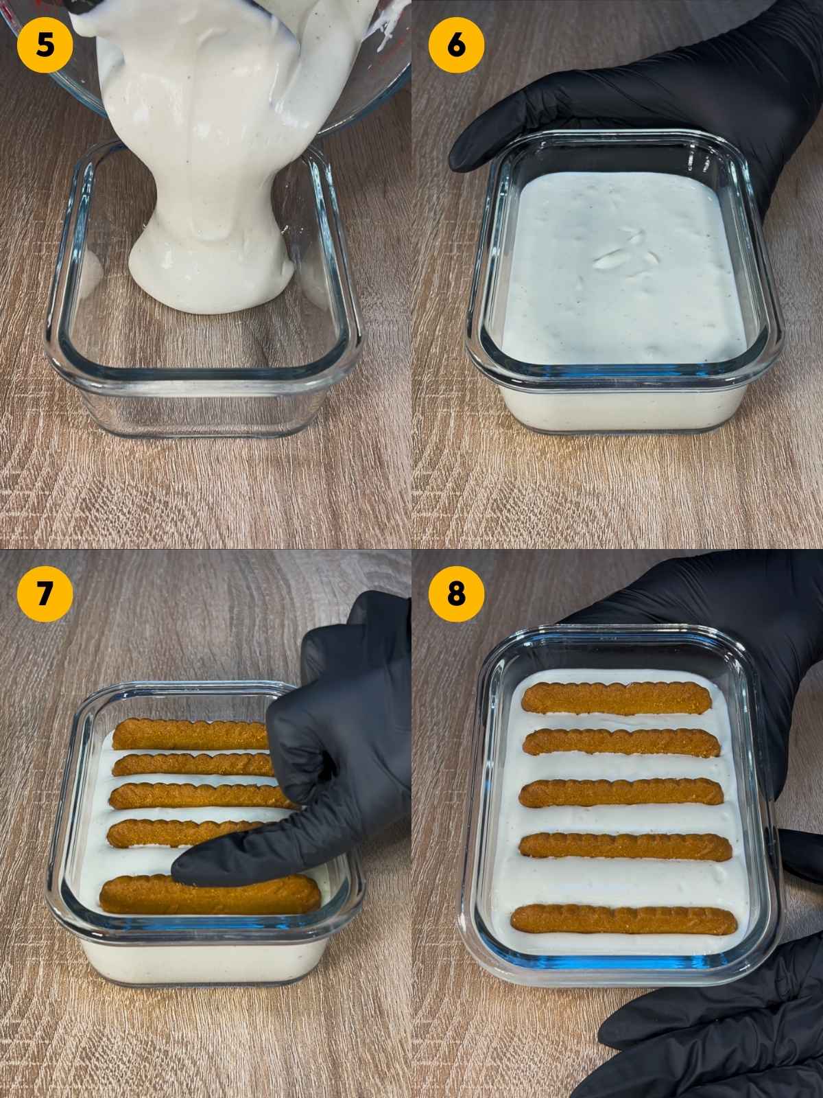 Pouring the yogurt mixture into a glass container and adding the Biscoff biscuits.