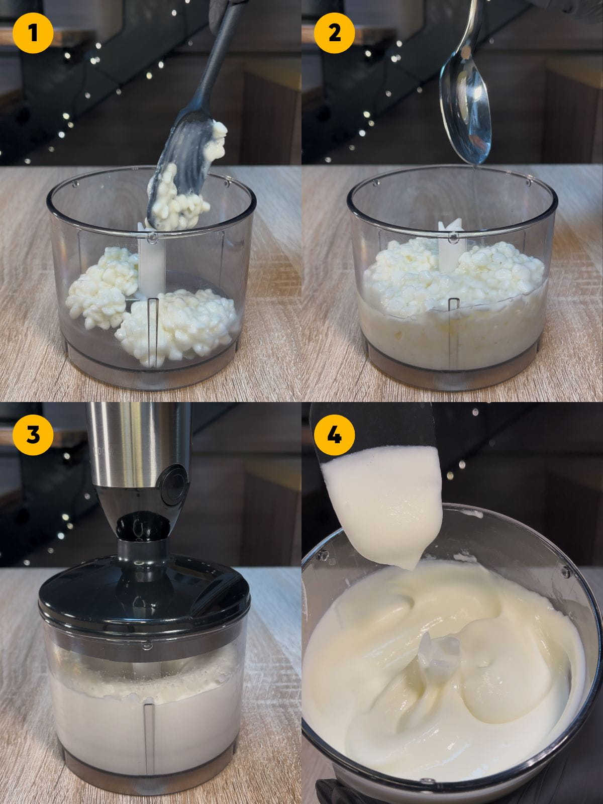 Blending the cottage cheese with chicken broth until smooth and creamy.