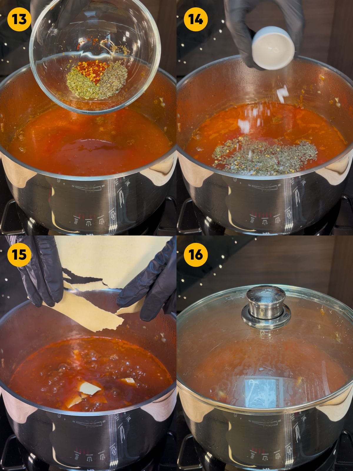 Adding seasonings, sweetener and lasagna sheets to the cooking lasagna soup.