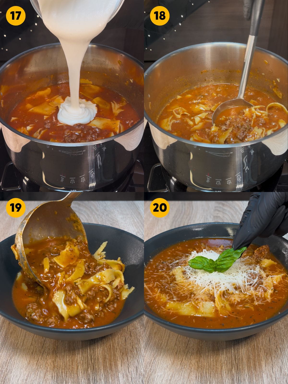 Finishing the High-Protein Lasagna Soup with the blended cottage cheese. Serving the soup in a bowl with grated Parmesan and fresh basil.
