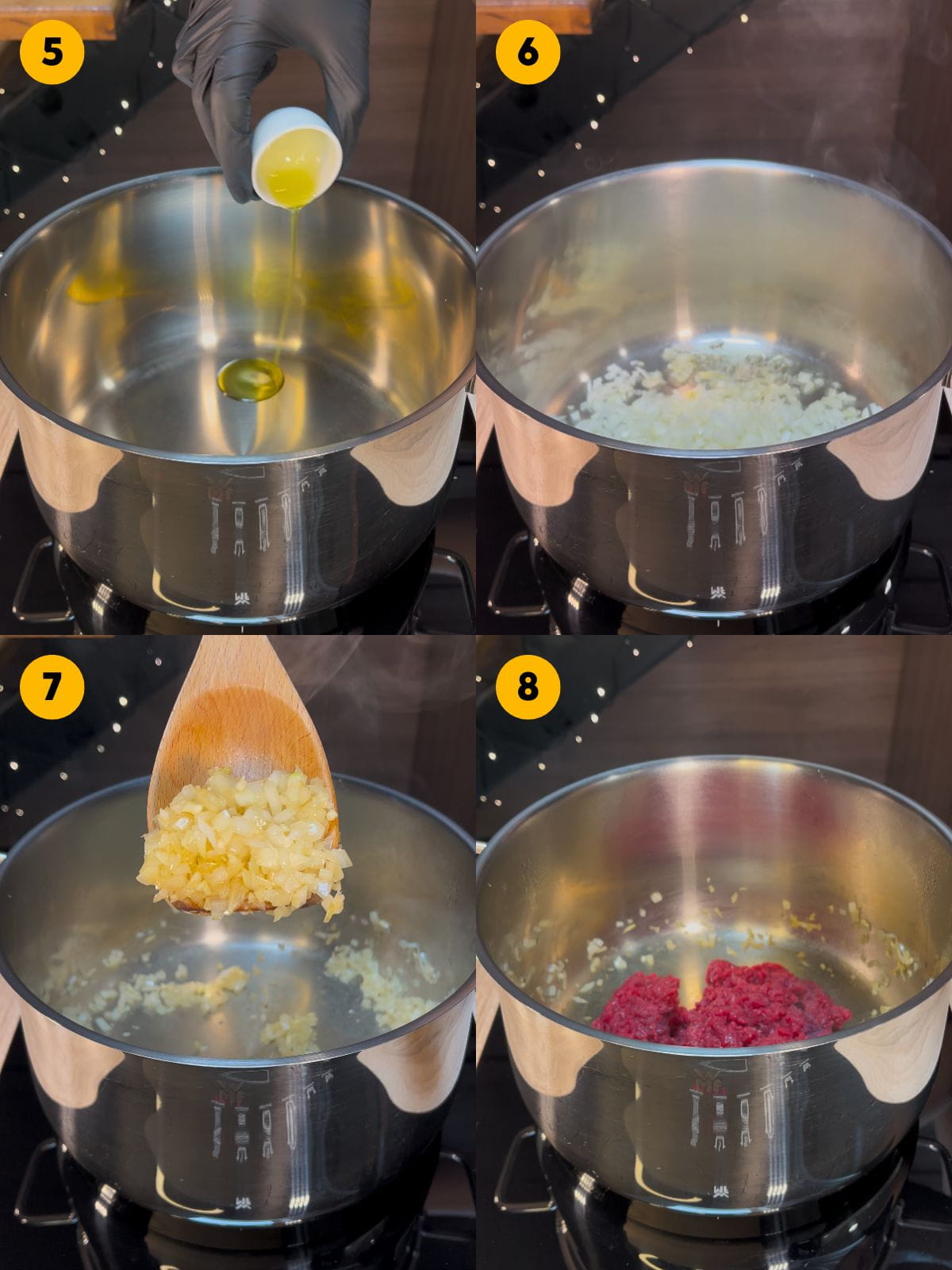 Sautéing onion and garlic in a heated pan with olive oil and adding the lean ground beef.