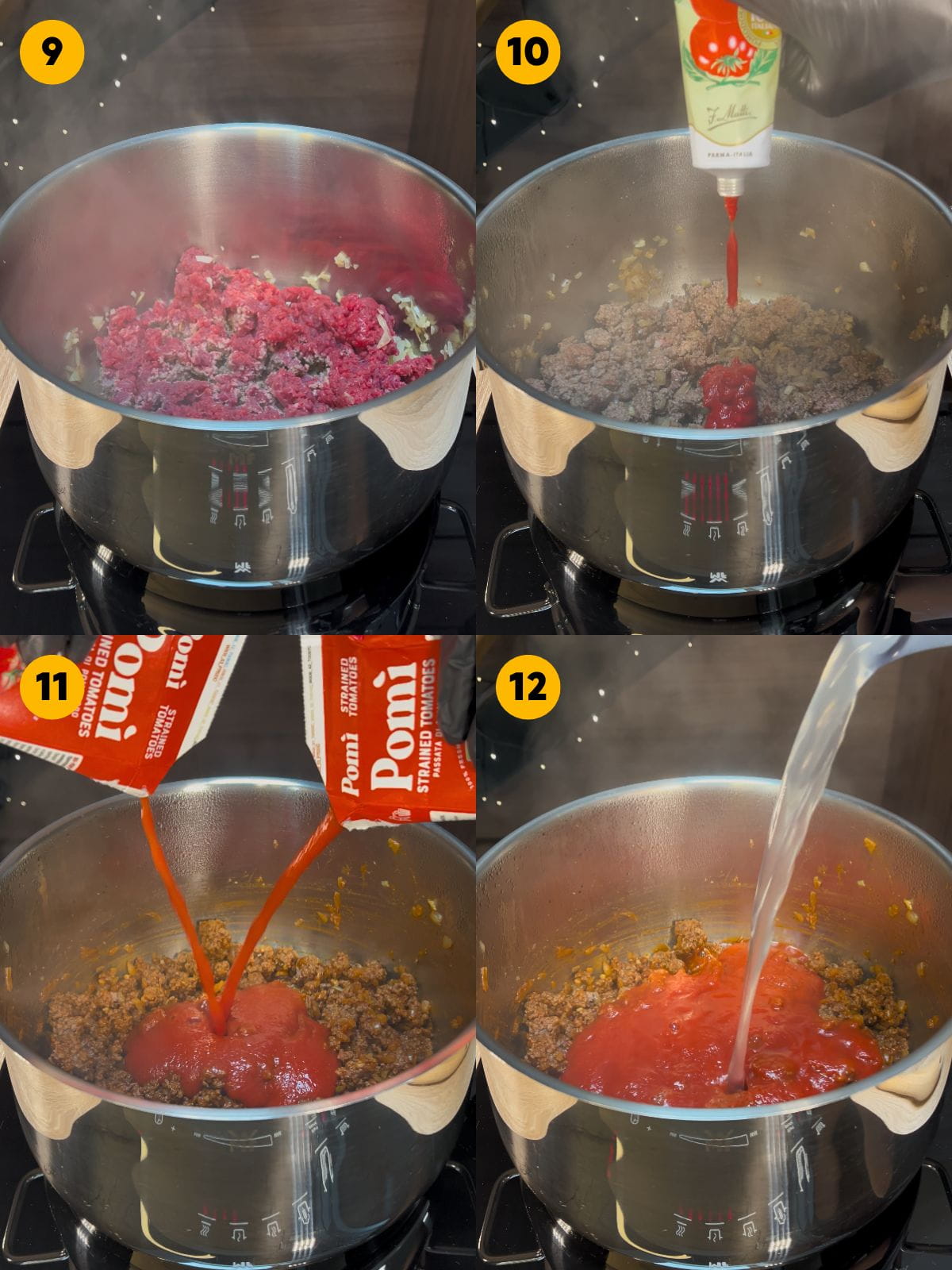 Cooking the lean ground beef until browned. Adding the tomato paste, passata and chicken broth.