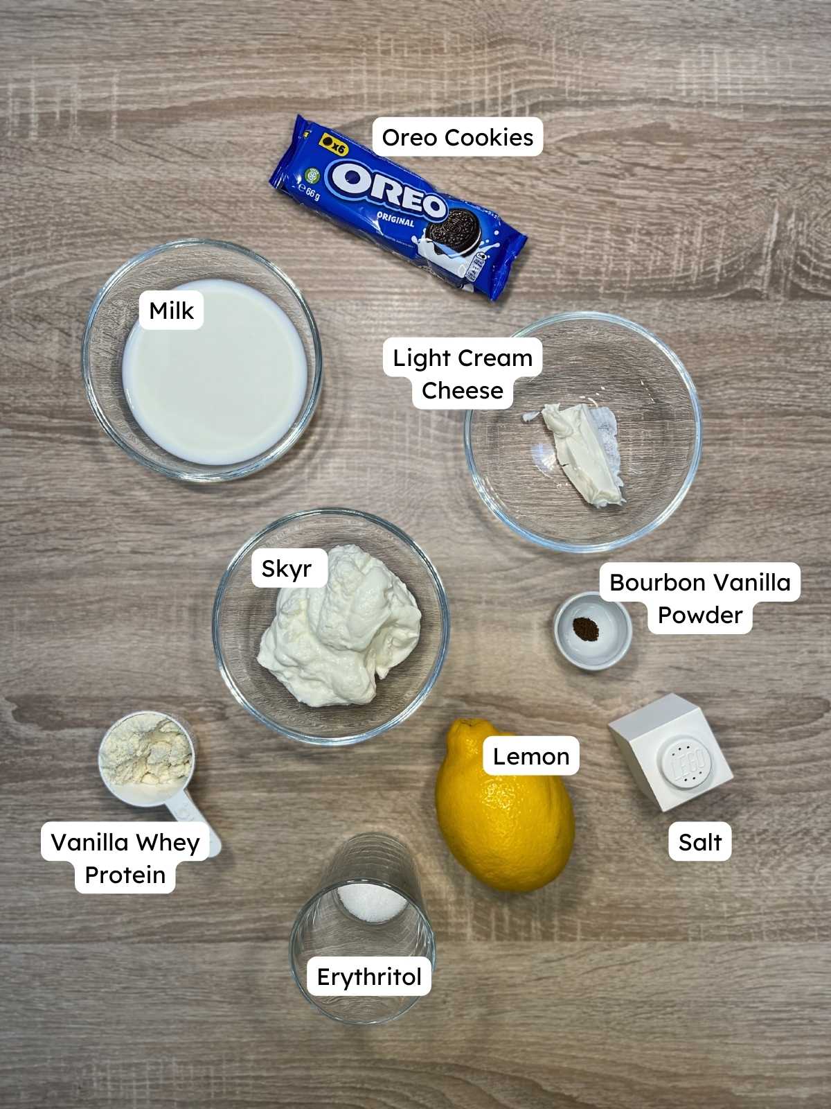 All ingredients for Macro-Friendly Japanese Yogurt Cheesecake with Oreos