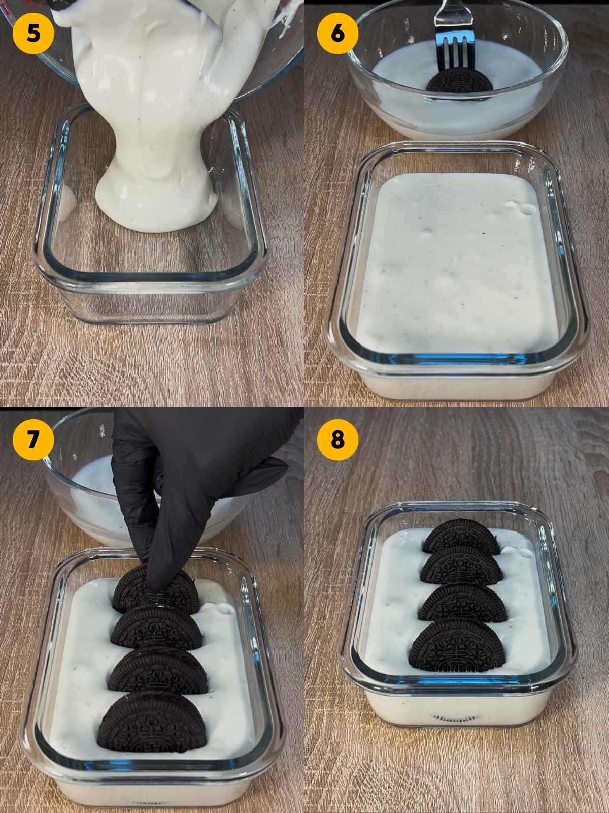 Pouring the yogurt mixture into a glass container and adding the Oreo cookies.