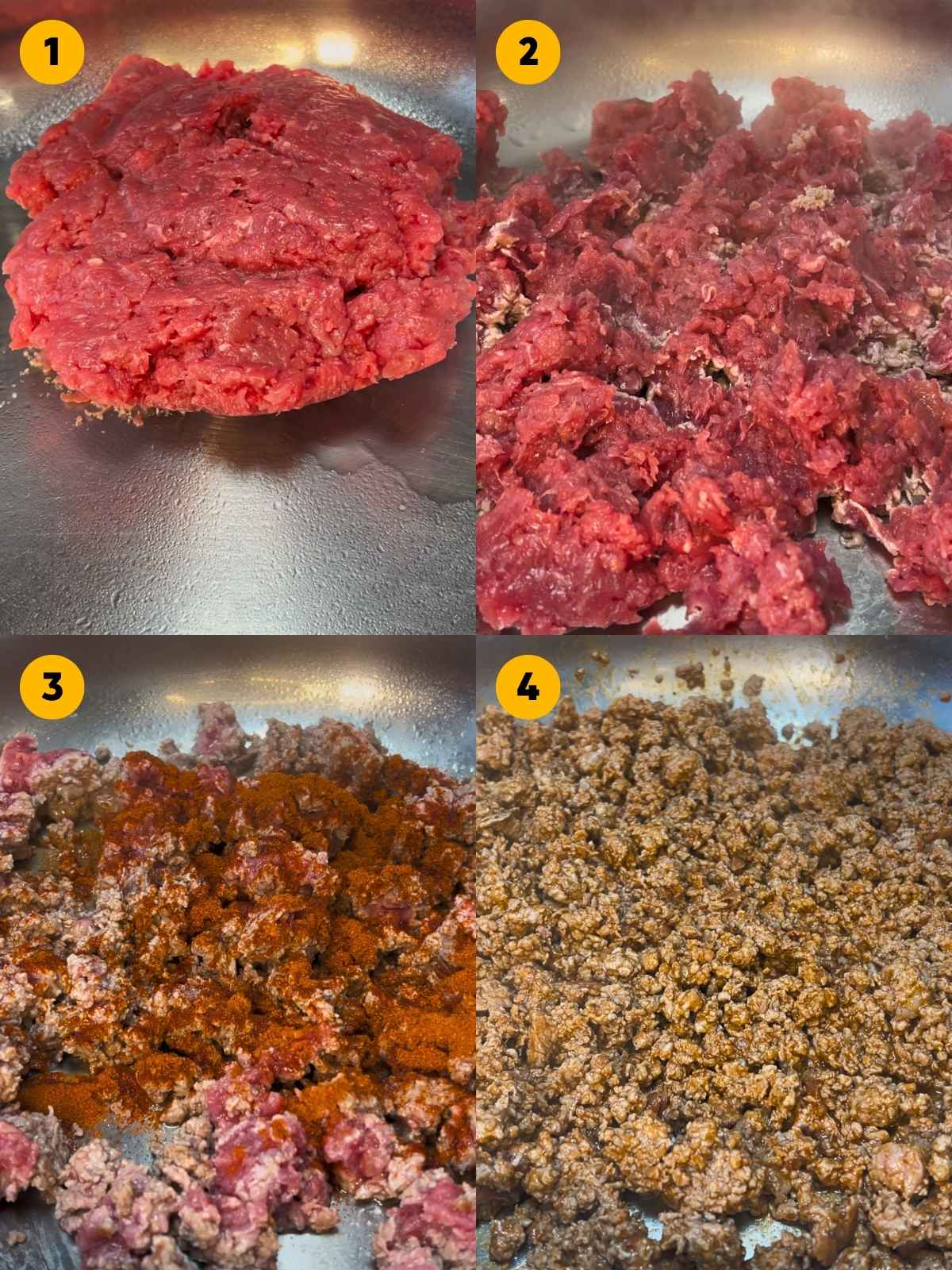 Cooking the ground beef until browned and seasoning it with spices.