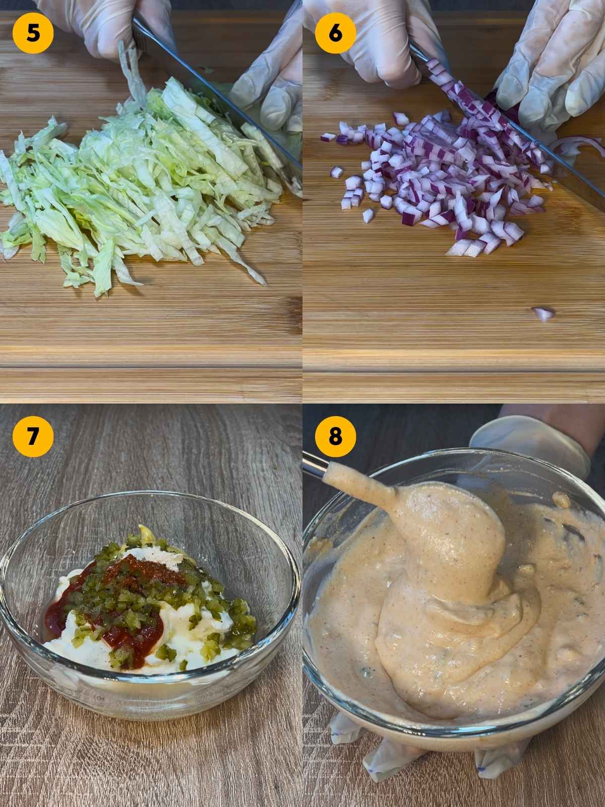 Cutting the vegetables, and preparing the burger sauce.