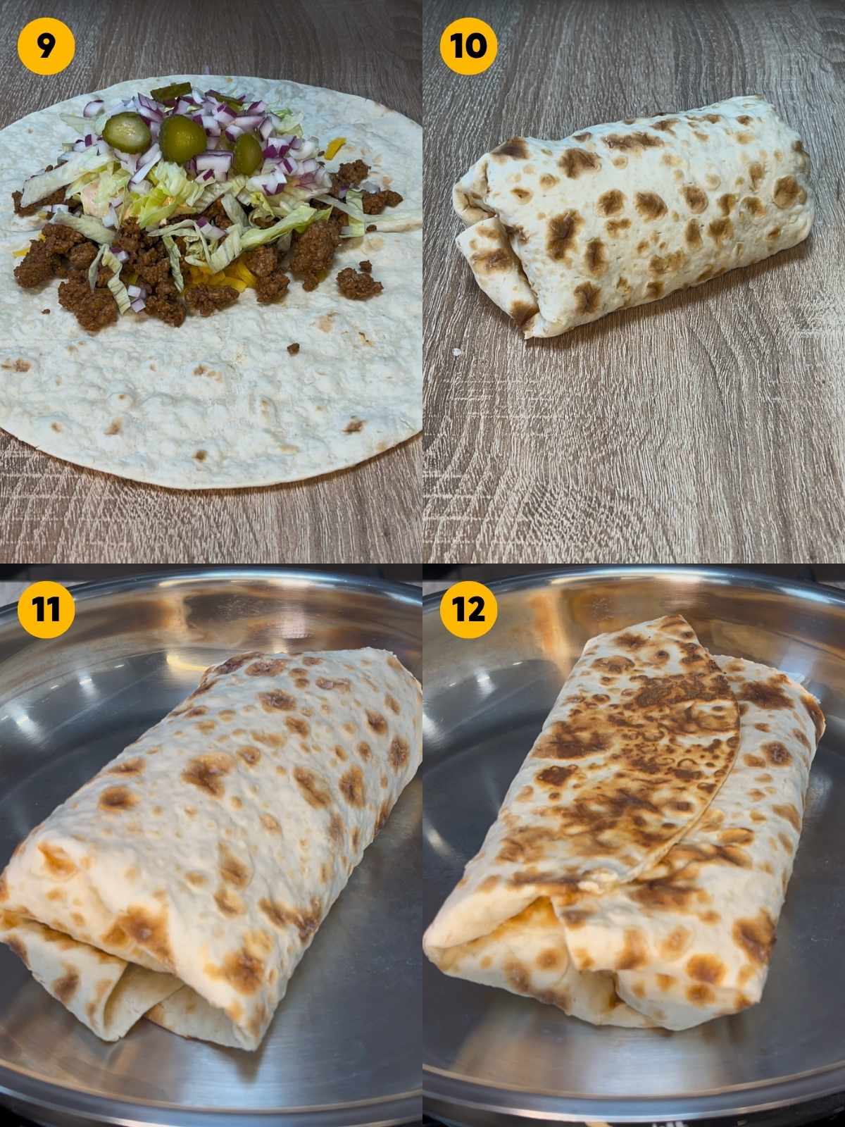 Building and rolling the wrap, and toasting it in a pan until golden brown.