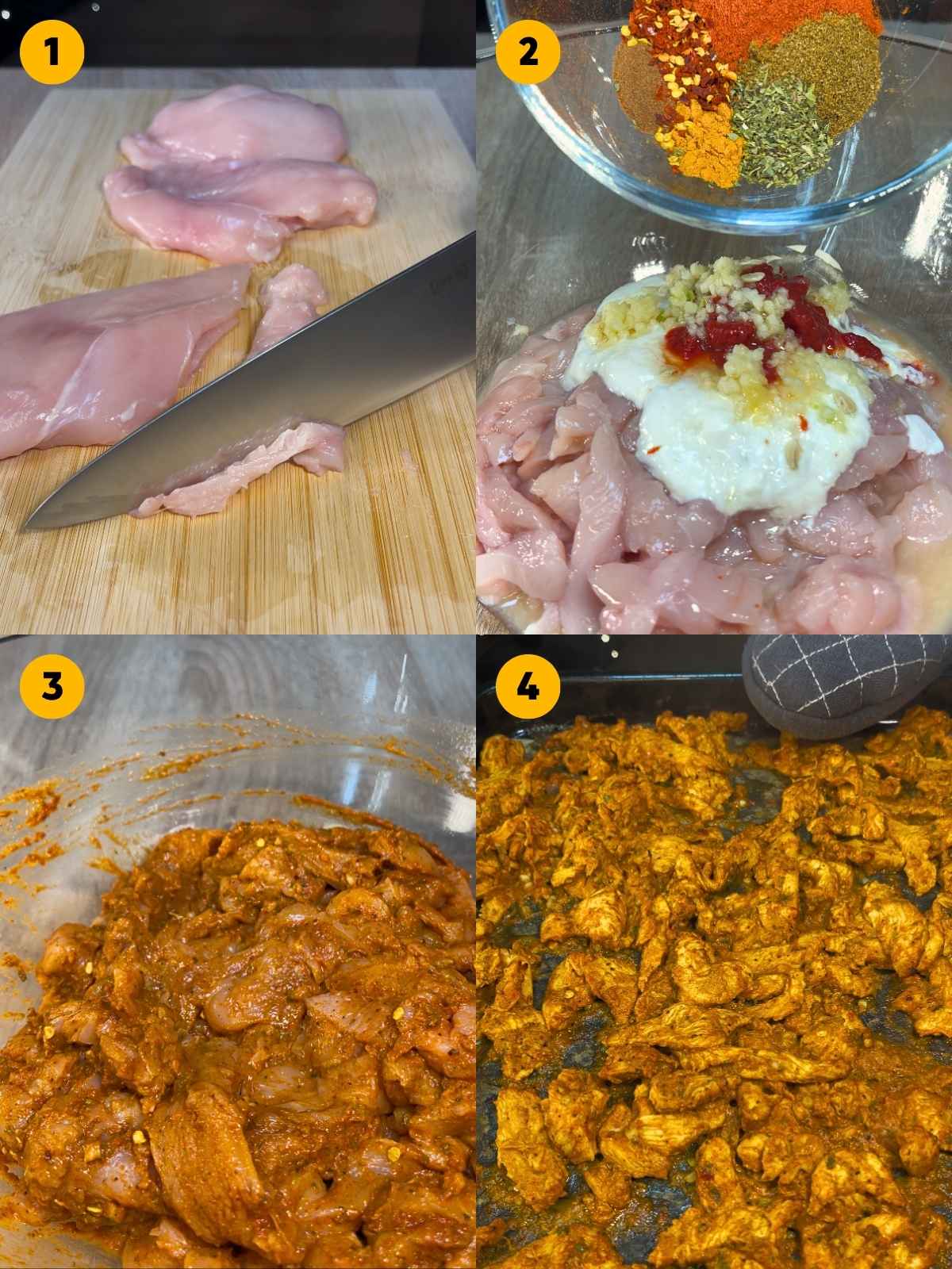 Slicing the chicken breast into strips, mixing it with yogurt marinade, and baking it.