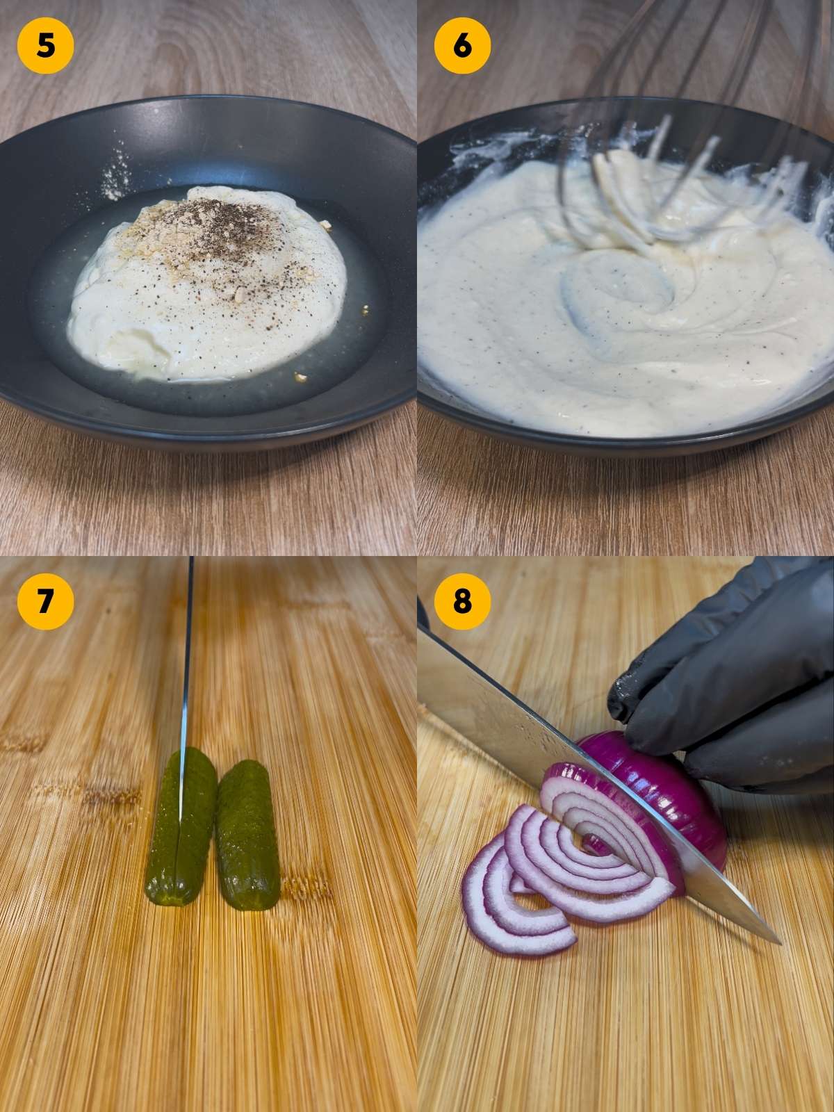 Making the skyr sauce, and slicing the pickles and onion into thin strips.