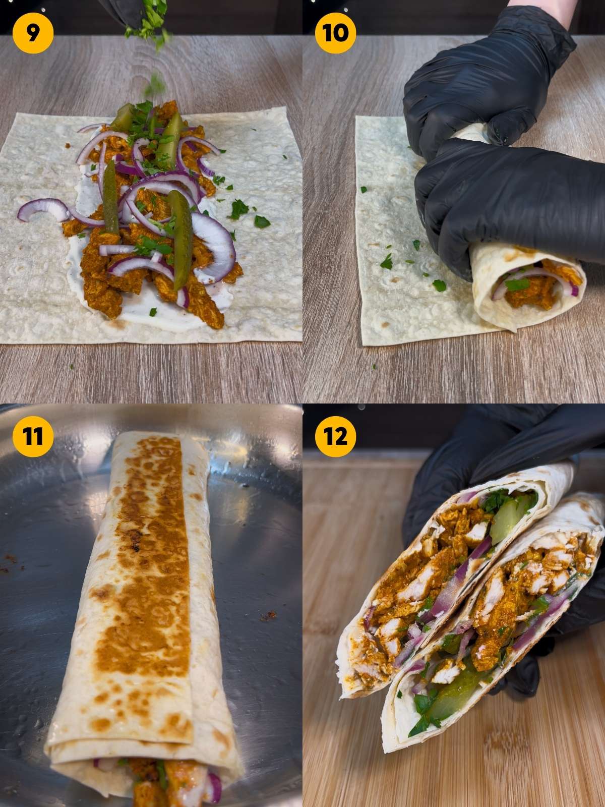 Assembling the wrap, rolling and toasting it, and showing the halved chicken shawarma.