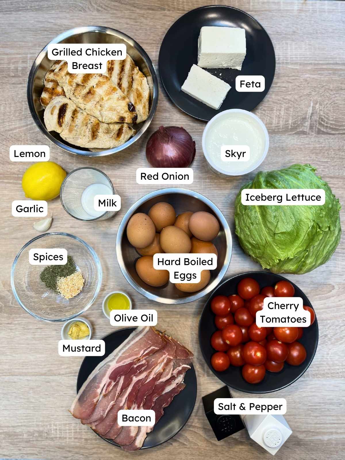 All ingredients for High-Protein Cobb Salad (Meal Prep Recipe)