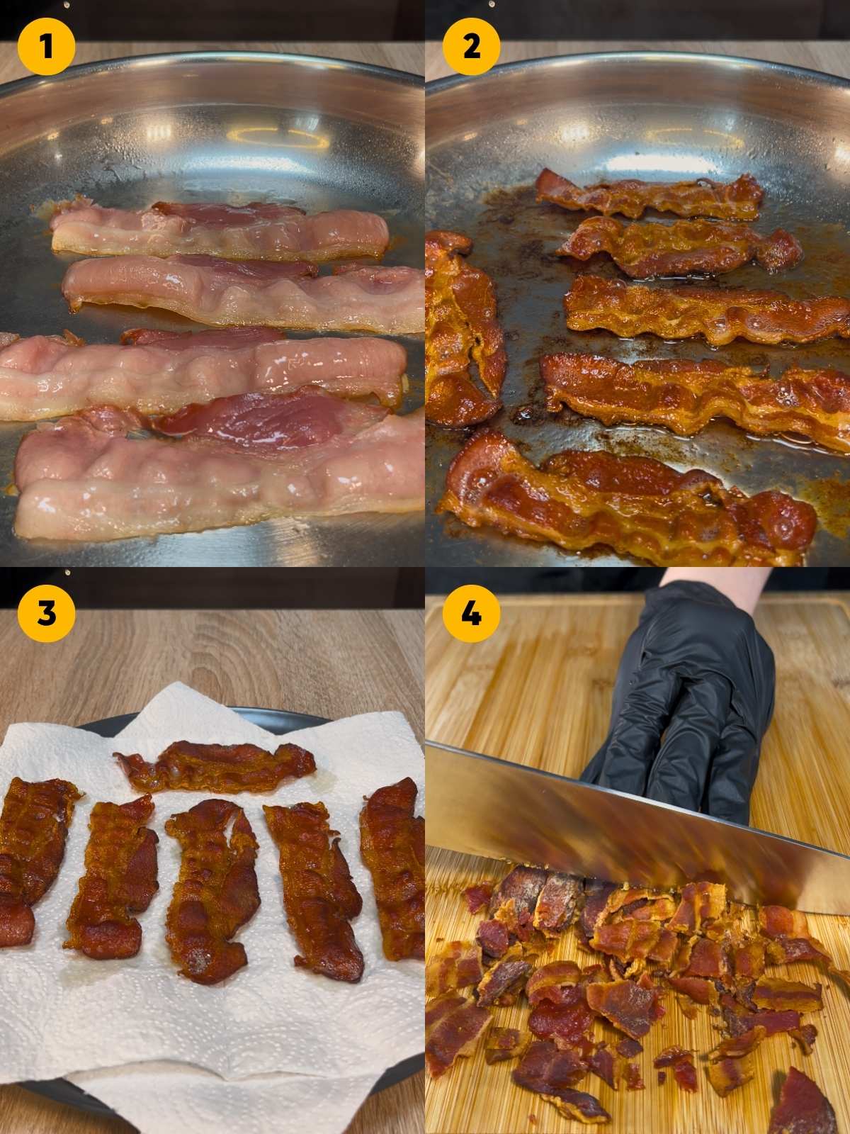 Frying the bacon in a pan until crispy. Then cooling it down on paper towels, and chopping it.