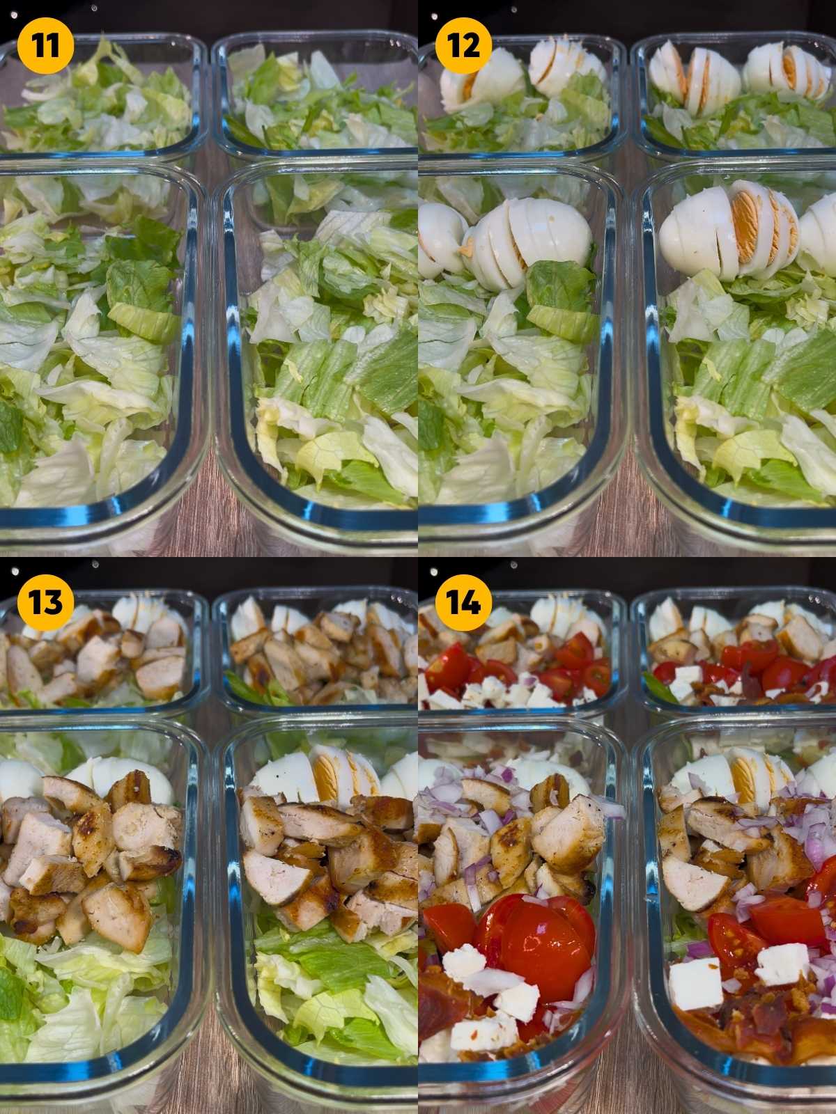 Assembling the cobb salad into meal prep containers with hard boiled eggs, grilled chicken, and other ingredients.