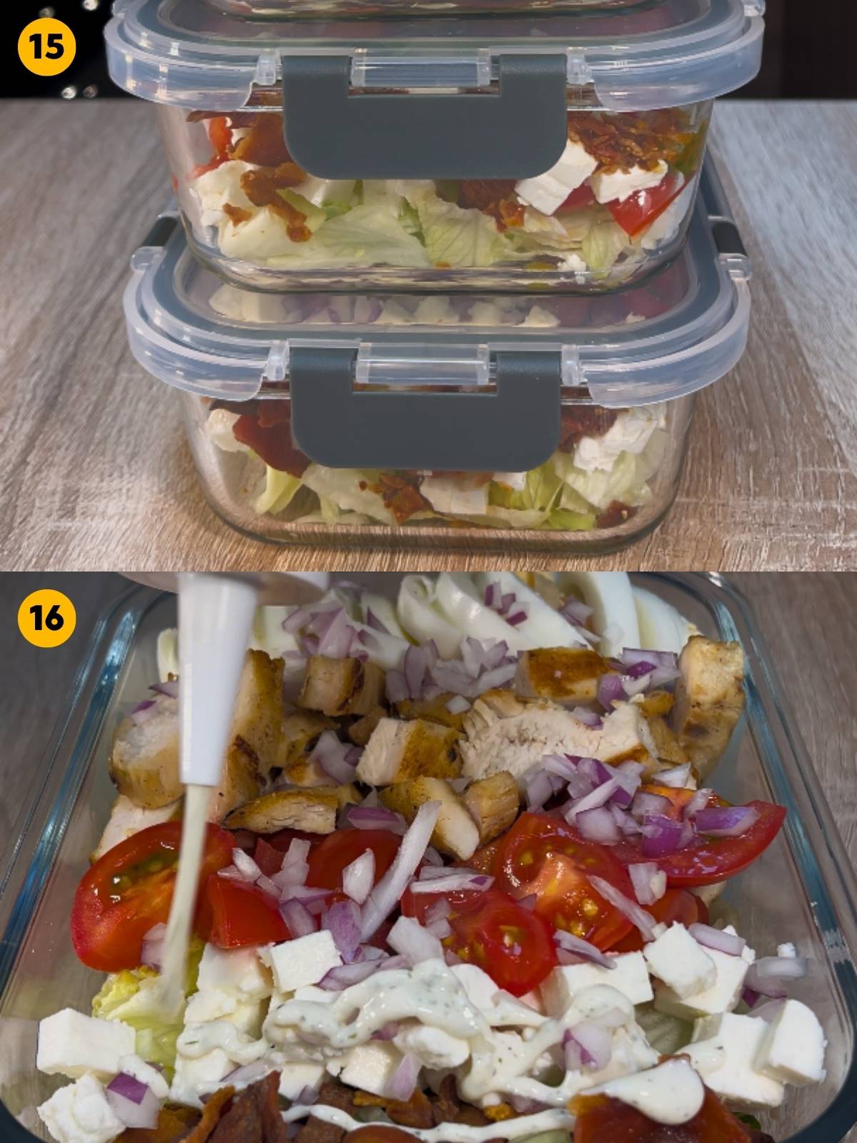 Storing the prepped Cobb salad in airtight containers (top image). Adding the dressing to the Cobb salad (bottom image).