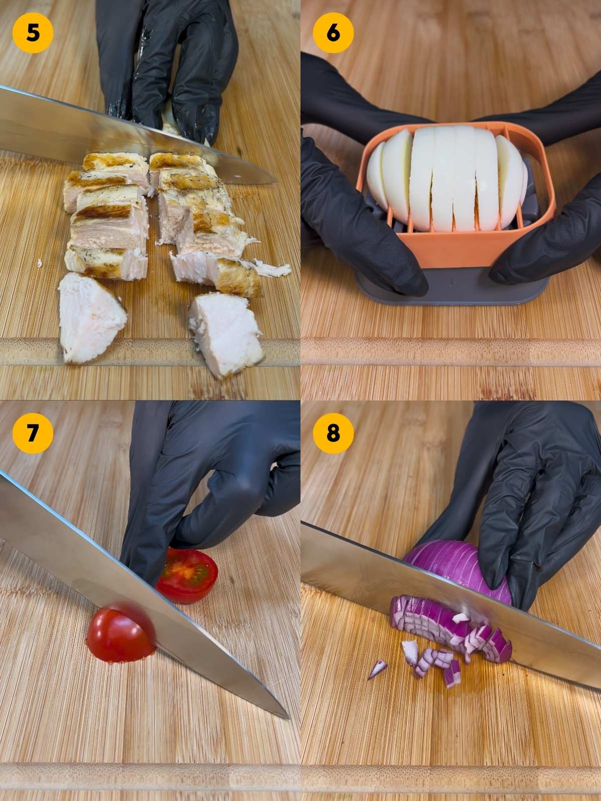 Cutting the grilled chicken into bite sized pieces, slicing the egg, quarter the cherry tomato, and dicing the red onion.