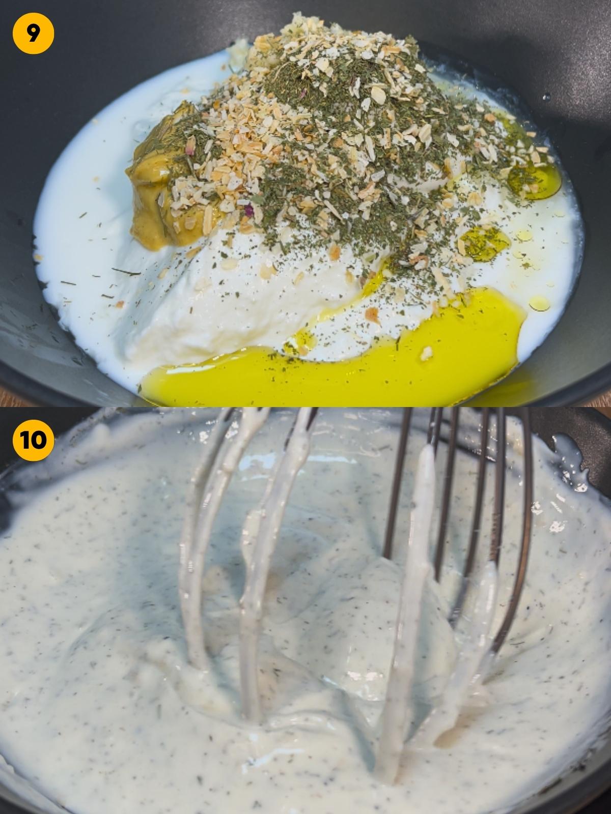 Combining dressing ingredients in a bowl, and whisking it.