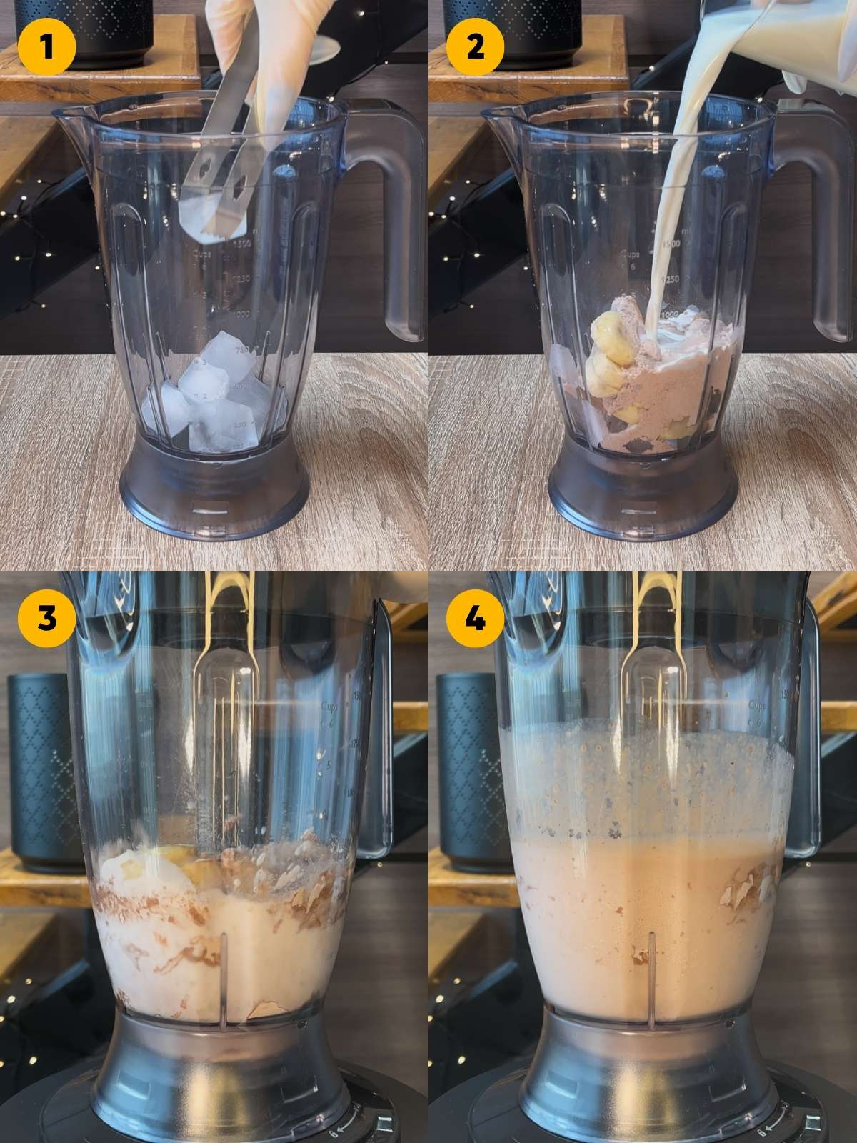 Putting all ingredients for the Snickers protein shake into a highspeed blender, and blending them.