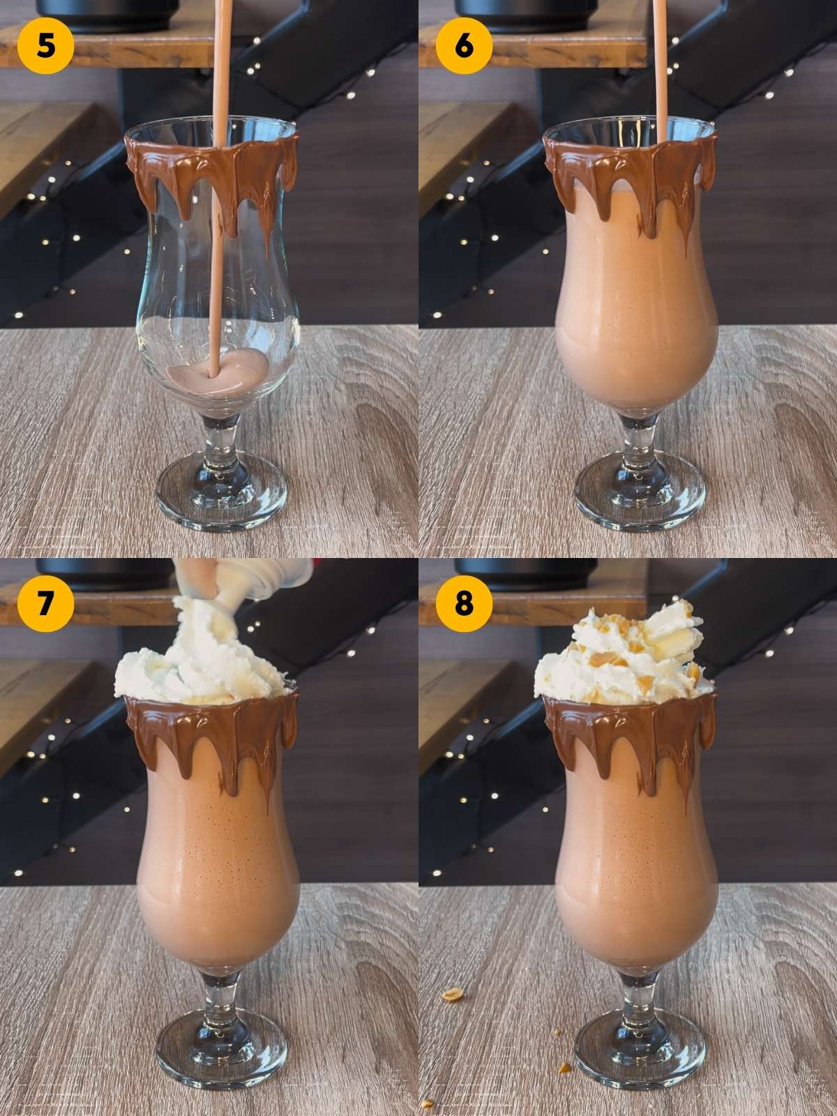 Pouring the blended Snickers protein shake into a glass with a chocolate rim, and decorating it with the whipped cream and crushed salted peanuts.
