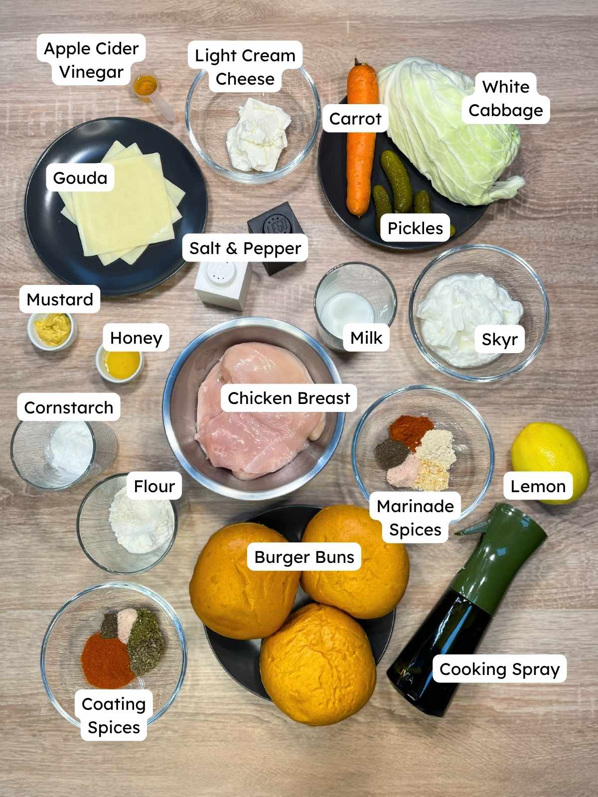 All ingredients for a Chicken Coleslaw Sandwich (High-Protein Burger)