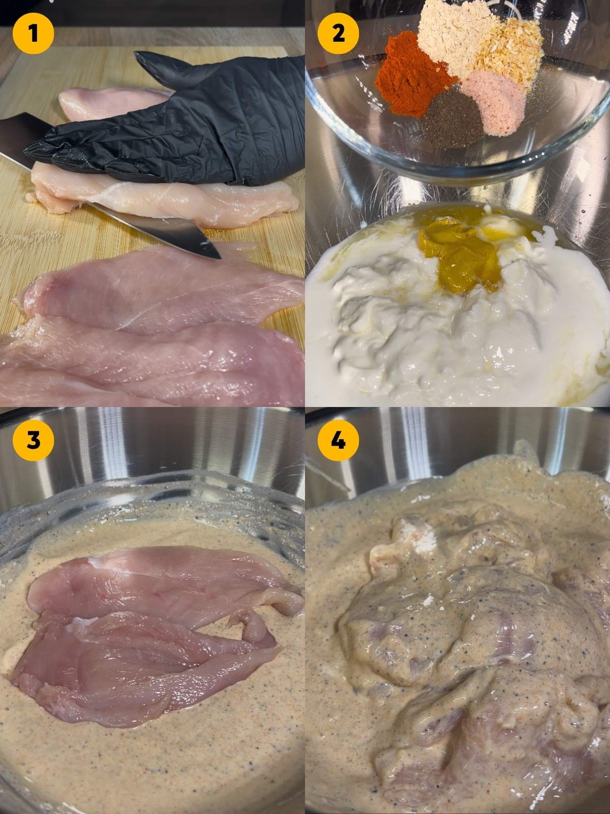 Slicing the chicken breast into fillets, making the marinade, and marinating the chicken in it.