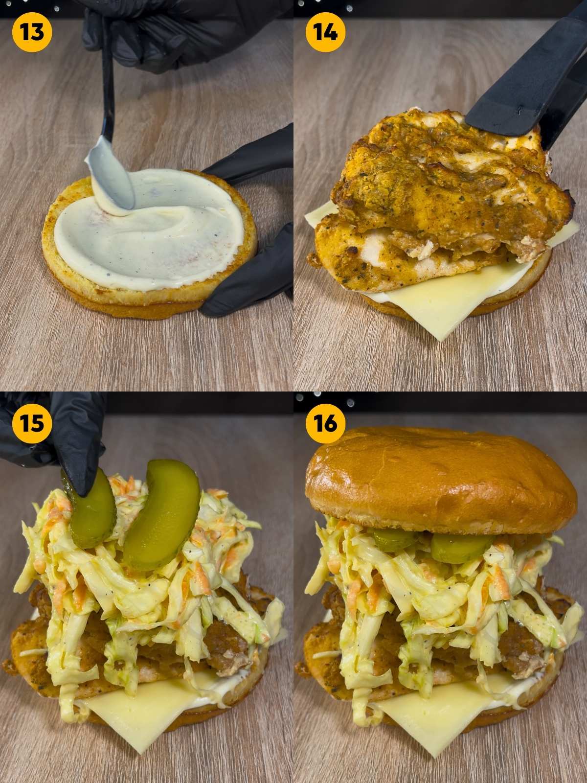 Assembling the chicken sandwich with sauce, gouda cheese, crispy chicken, coleslaw, and dill pickles.