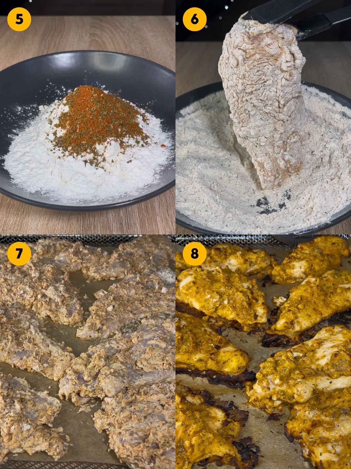 Making the breading, and coating the chicken in it. Then baking the breaded chicken.