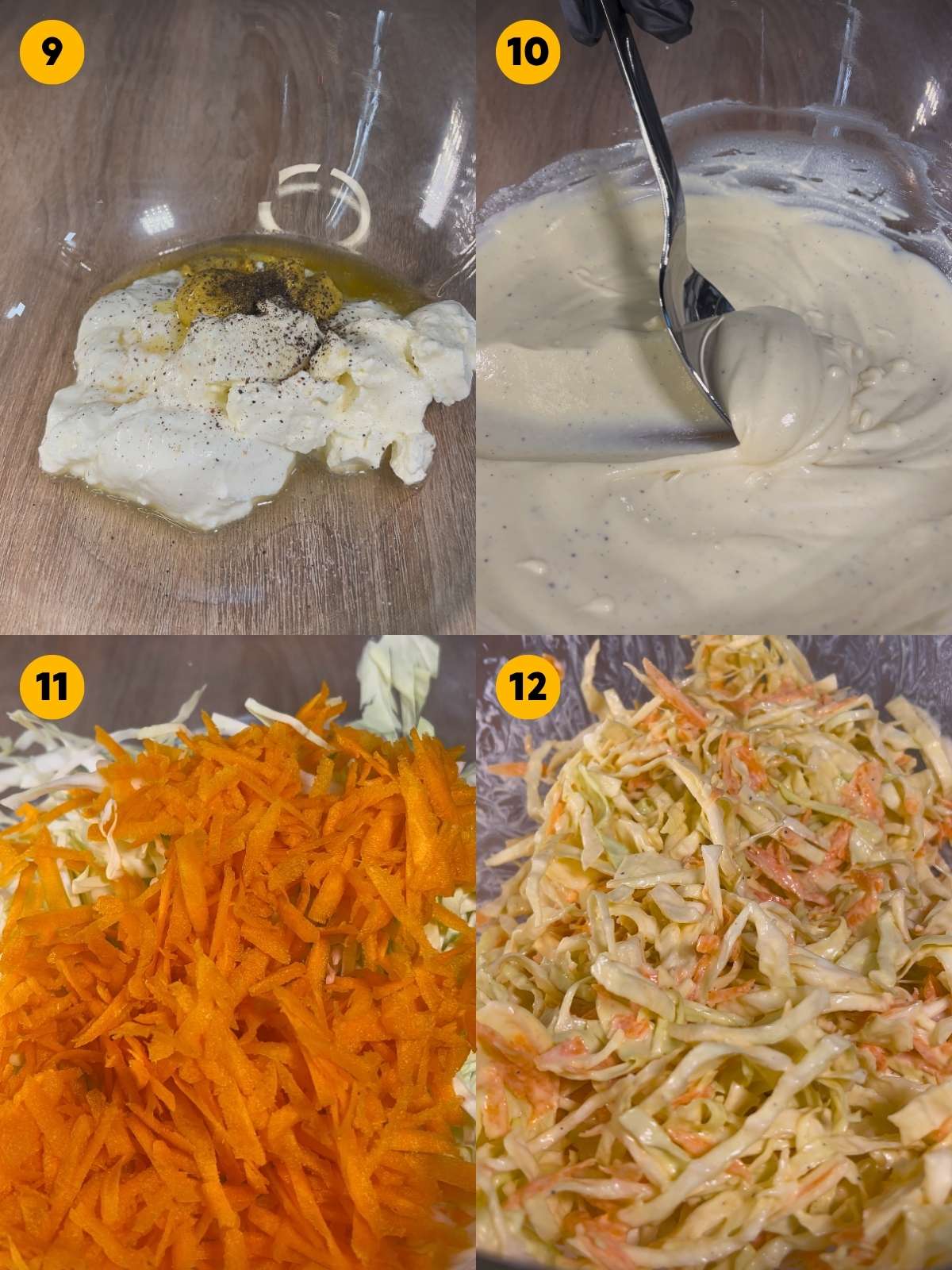 Making the coleslaw dressing and setting aside a third for the sauce. Then tossing the vegetables into the dressing.